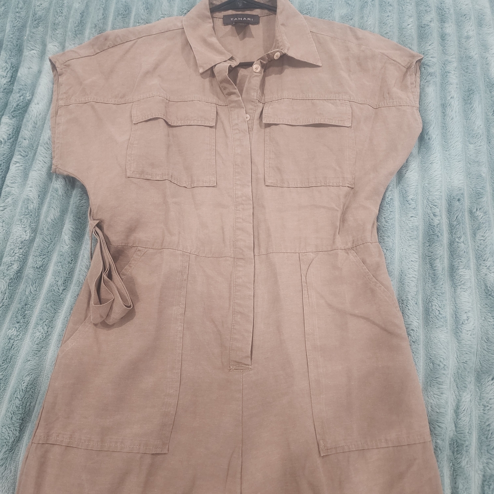 Tahari Khaki Linen Blend Button-Up Jumpsuit With Belt